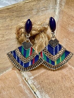 Unique Boho Fan Drop Earrings in Blue, Green & Red Needlepoint Style